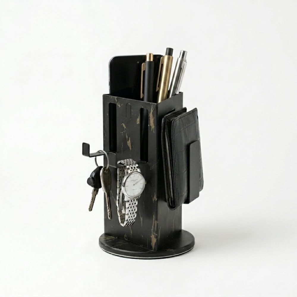 4-in-1 Rotating Desk Organiser – Pen, Phone, Wallet & Watch Stand (Black Marble)